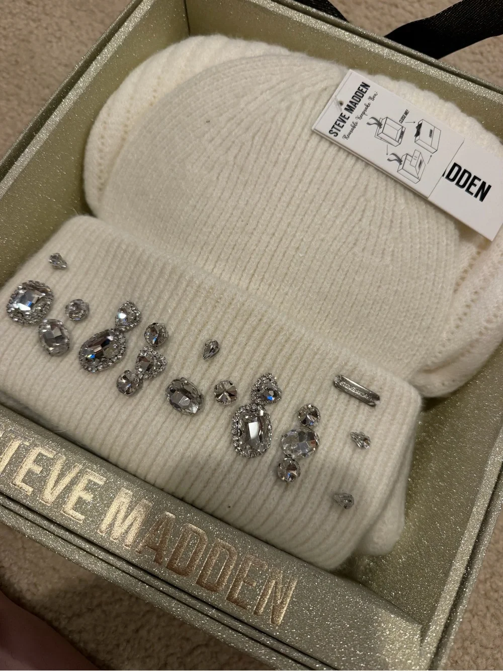 Steve Madden Ivory Crystal Embellished Knit Beanie and scarf set